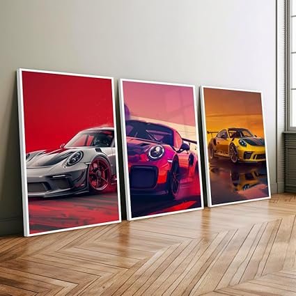 KAEVION Aesthetic Car Models Matte Wall Frame, Wall Art Paintings for Hallways, Framed Art Set of 3