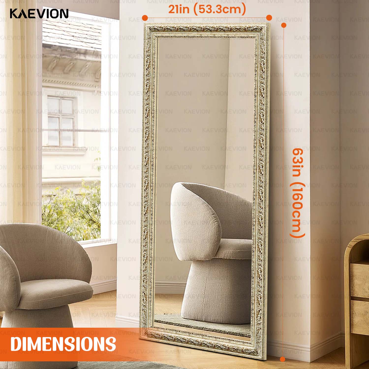 KAEVION 5.25 Feet Antique Ornate Off-White Baroque Wall Hanging Mirror | Hand Carved Wall Mounted Mirror | Decorative Wall Mirror for House Decoration | Home Renovation | Hallway or Entryway