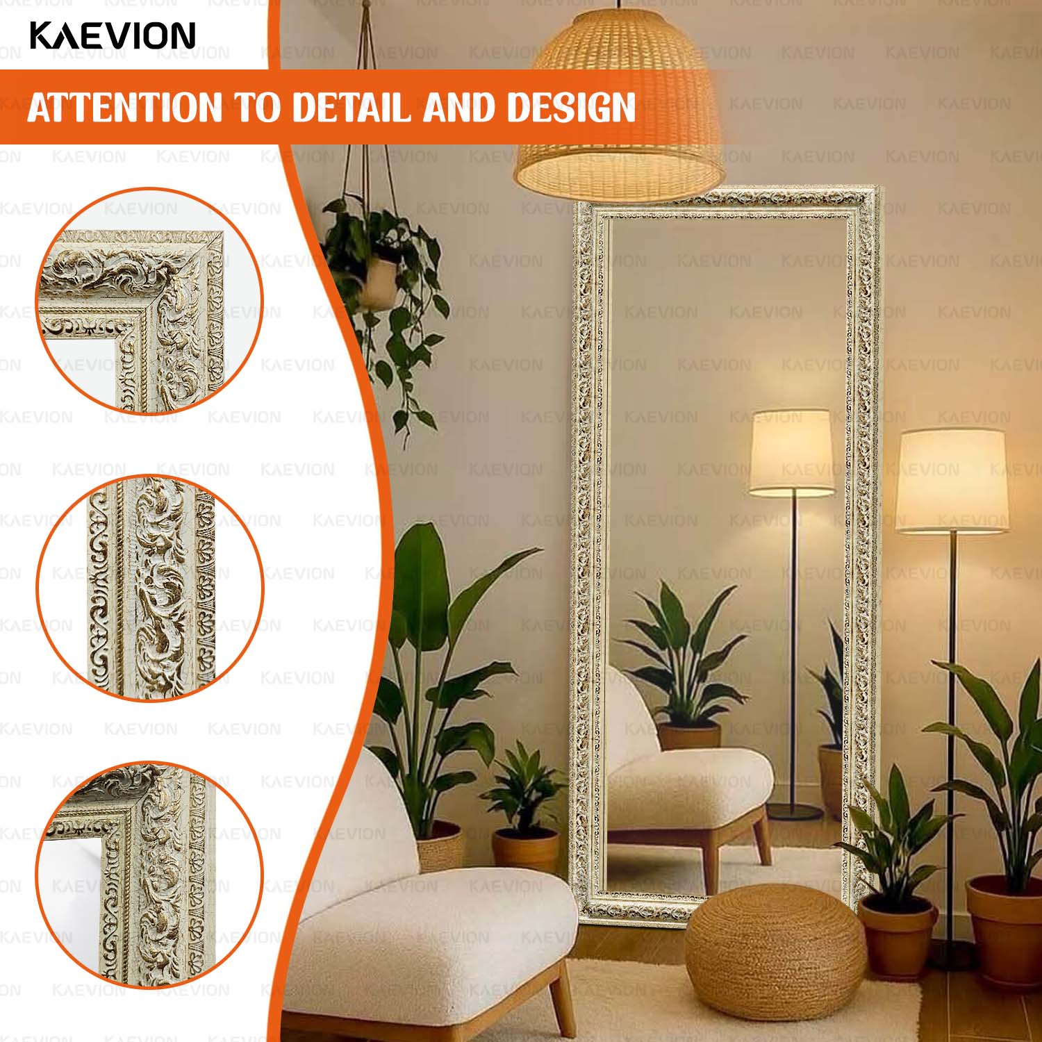 KAEVION 5.25 Feet Antique Ornate Off-White Baroque Wall Hanging Mirror | Hand Carved Wall Mounted Mirror | Decorative Wall Mirror for House Decoration | Home Renovation | Hallway or Entryway