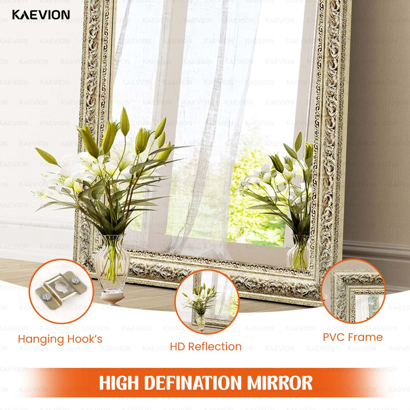 KAEVION 5.25 Feet Antique Ornate Off-White Baroque Wall Hanging Mirror | Hand Carved Wall Mounted Mirror | Decorative Wall Mirror for House Decoration | Home Renovation | Hallway or Entryway