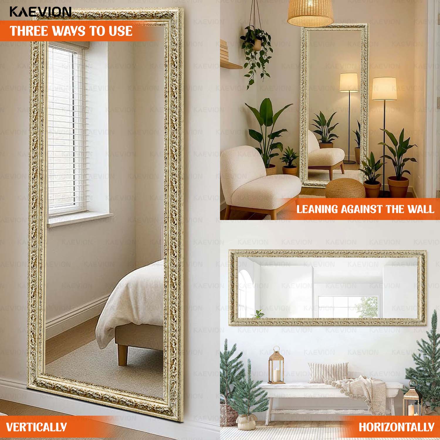 KAEVION 5.25 Feet Antique Ornate Off-White Baroque Wall Hanging Mirror | Hand Carved Wall Mounted Mirror | Decorative Wall Mirror for House Decoration | Home Renovation | Hallway or Entryway