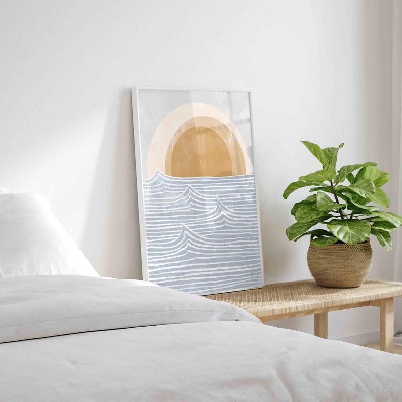 KAEVION Wall Hanging Art Decor Ocean Waves Boho Sun Beach Print Painting Glossy Finish, Waterproof Framed for Beach House Home Decor Poster Framed - 20x30 inch