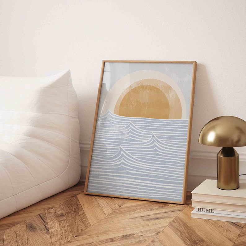 KAEVION Wall Hanging Art Decor Ocean Waves Boho Sun Beach Print Painting Glossy Finish, Waterproof Framed for Beach House Home Decor Poster Framed - 30x40 inch