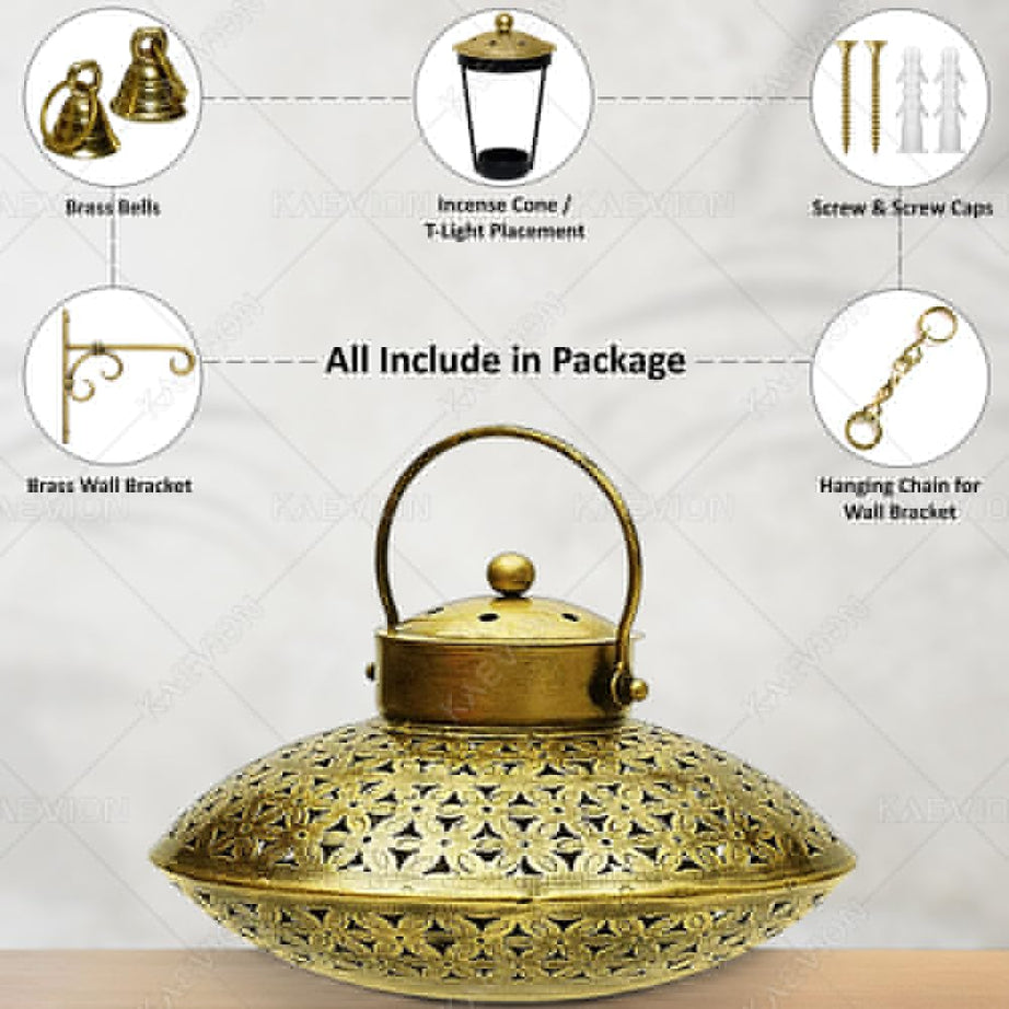 KAEVION Iron Antique Brass - Decor Incense Holder Dhoop Degchi Pot with Brass Bells Wall Hanging with - Oval Shape| Big Size lobhan Dhani Wall Mounted Burnner - Set of 1