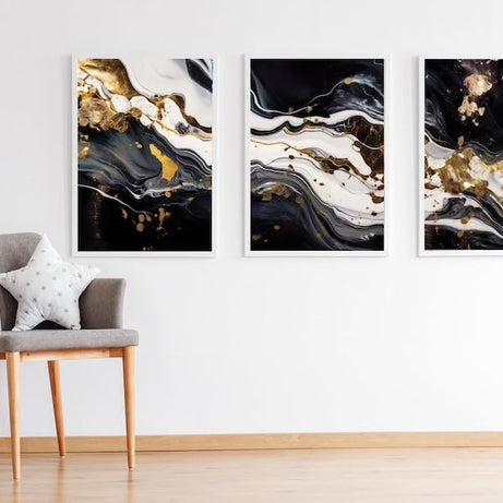 KAEVION Home Decor Wall Art 3 Pcs Abstract art print set Modern creative abstract artwork golden brush strokes, texture design for wall decor wallpaper poster card mural hanging, print