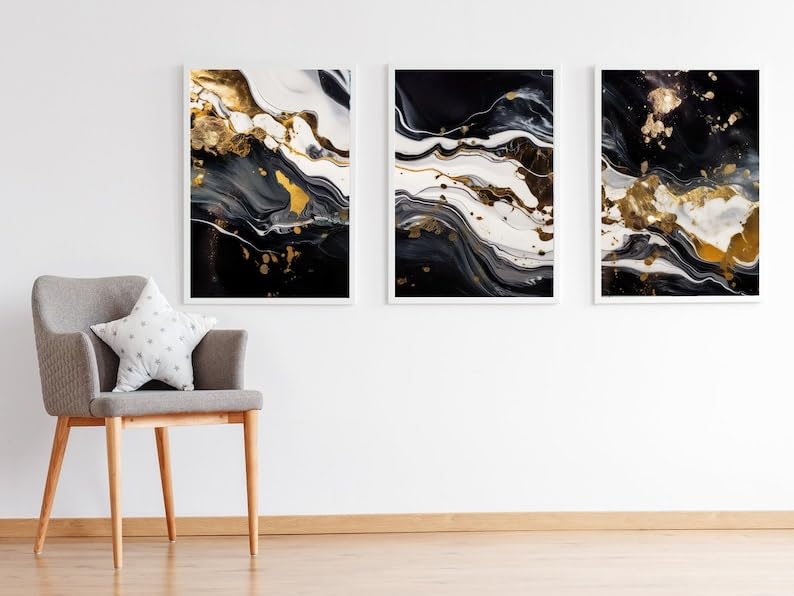 KAEVION Home Decor Wall Art 3 Pcs Abstract art print set Modern creative abstract artwork golden brush strokes, texture design for wall decor wallpaper poster card mural hanging, print
