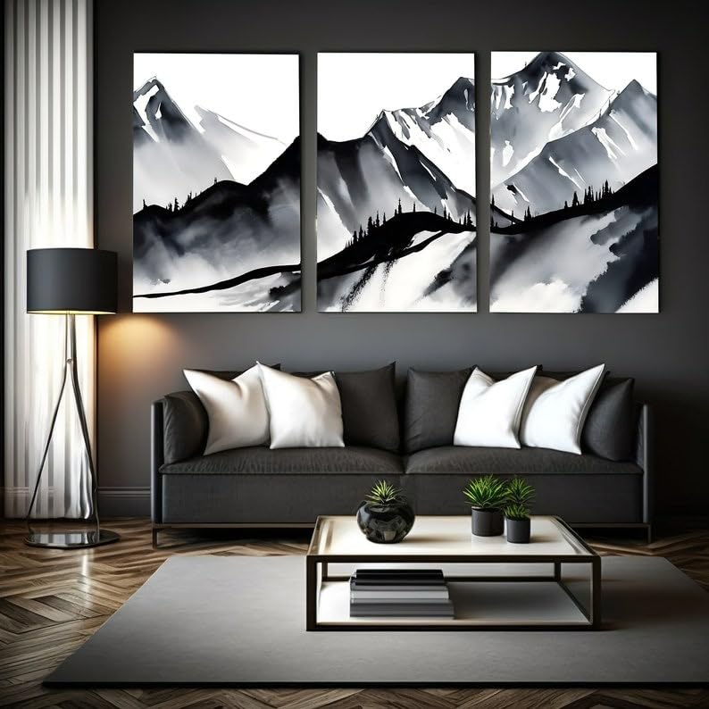 KAEVION Frameless Matt Finish Mountain 3 Piece Wall Art | Watercolor Mountain Landscape | Abstract Nature Print | Modern Minimal Decor | Home Décor Wall Mounted Frame for Living Room