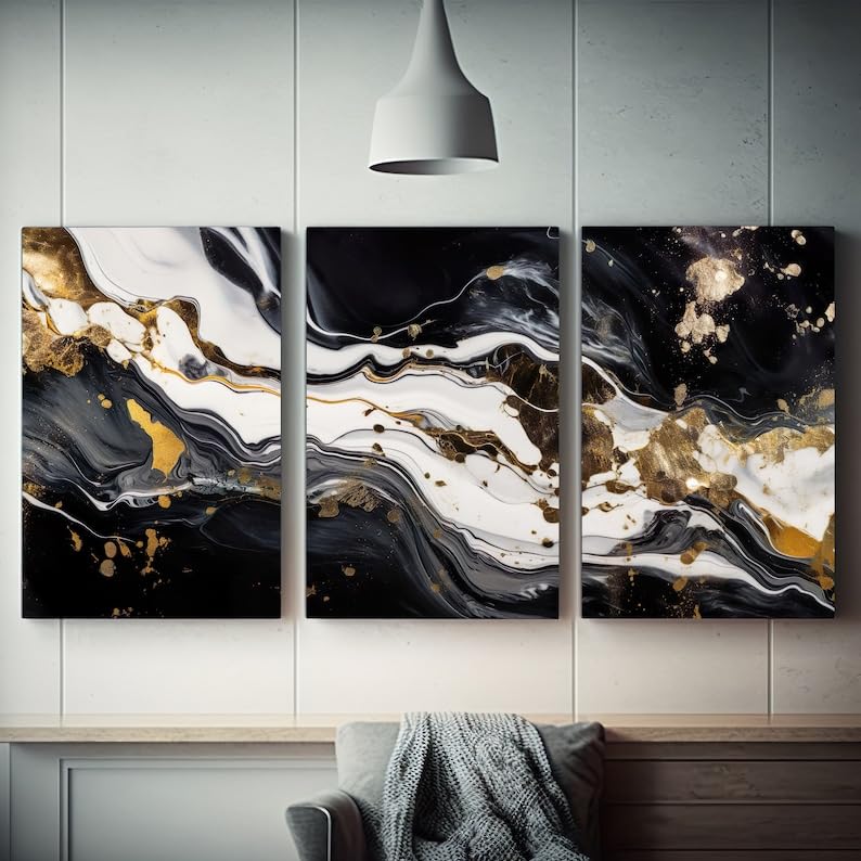 KAEVION Home Decor Wall Art 3 Pcs Abstract art print set Modern creative abstract artwork golden brush strokes, texture design for wall decor wallpaper poster card mural hanging, print