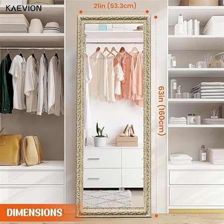 KAEVION 65"x22" (5.25 ft) Ornate Antique Full-Length Floor Dressing Mirror with Stand, Vintage Off-White Cheval Mirror for Bedroom, Living Room, Boutique