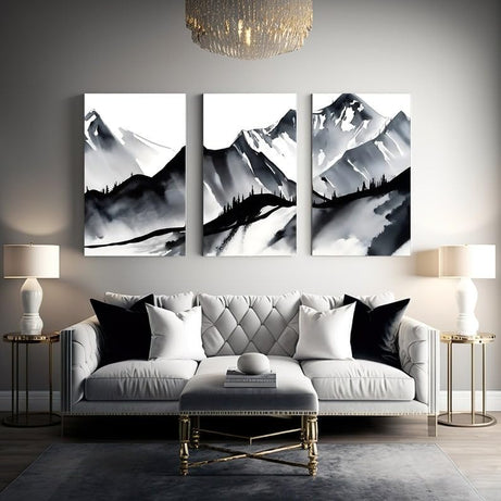 KAEVION Frameless Matt Finish Mountain 3 Piece Wall Art | Watercolor Mountain Landscape | Abstract Nature Print | Modern Minimal Decor | Home Décor Wall Mounted Frame for Living Room