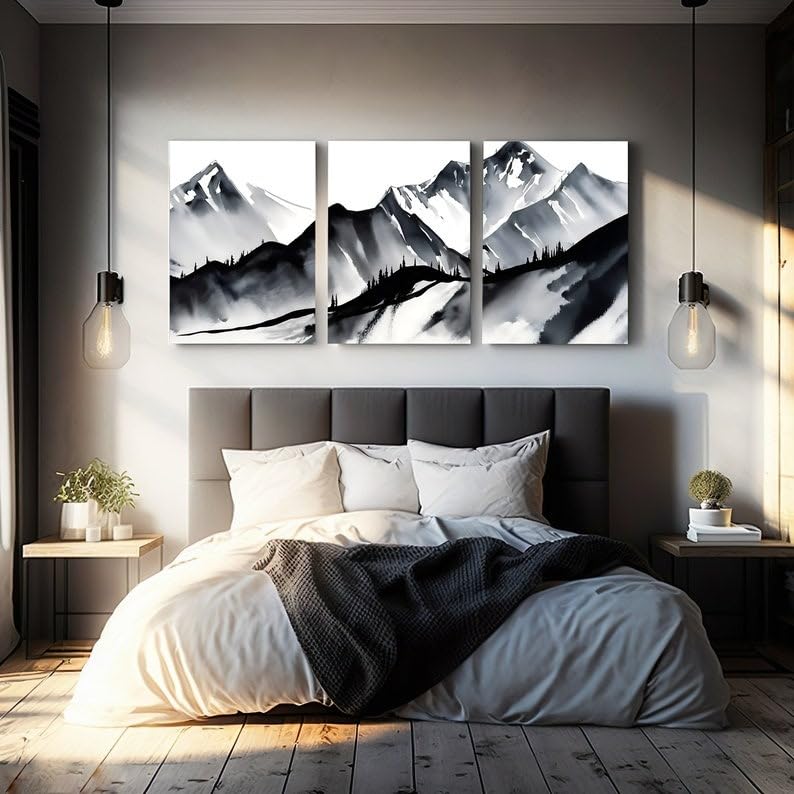 KAEVION Frameless Matt Finish Mountain 3 Piece Wall Art | Watercolor Mountain Landscape | Abstract Nature Print | Modern Minimal Decor | Home Décor Wall Mounted Frame for Living Room