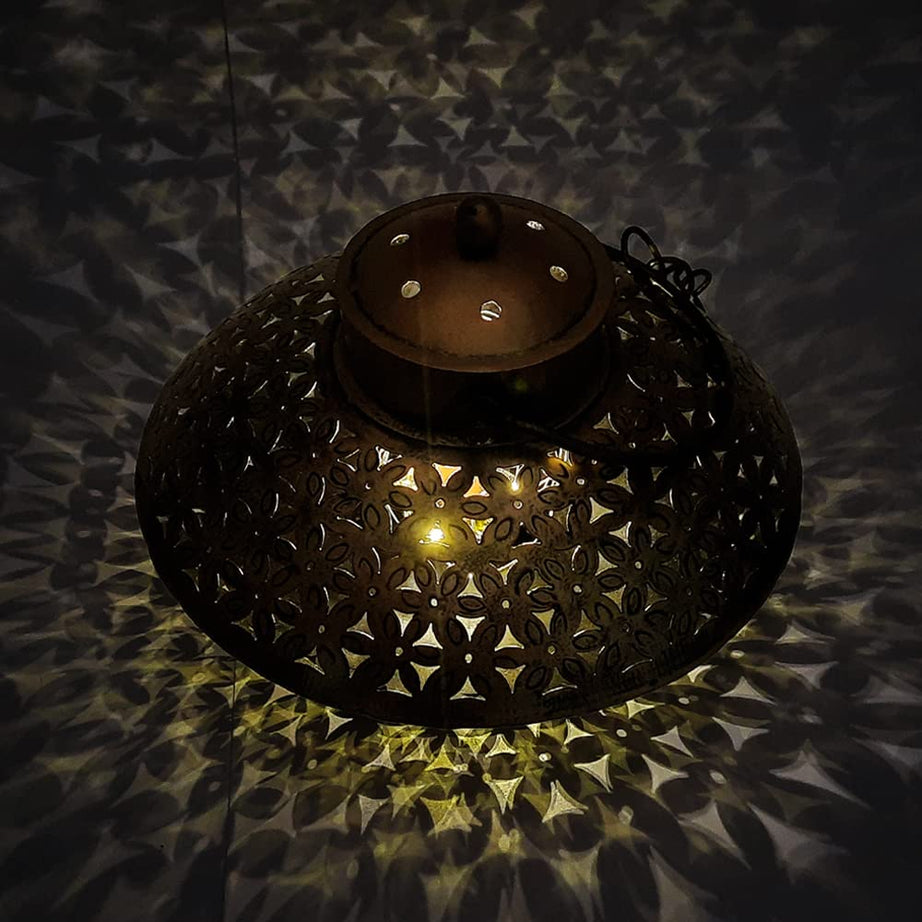 KAEVION Home Decor Round Shaped Brass Metal Wall Decor Handi Dhoop Incense Holder for Diwali Corporate Gift with Free (6 Tea Light Candle + 2 String Light)- Pack of 2