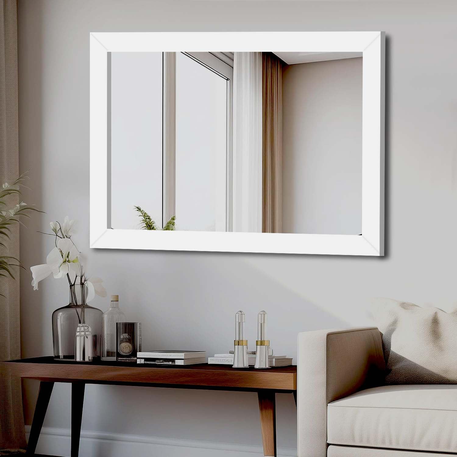 KAEVION Wall Hanging 2ft White Water Proof PVC Framed Mirror |Wall Mirror for Bedroom or Bathroom |Home Decor Wall Mounted Mirror for Bedroom Living-Room Vanity Farmhouse| wash Room Mirror for Wall