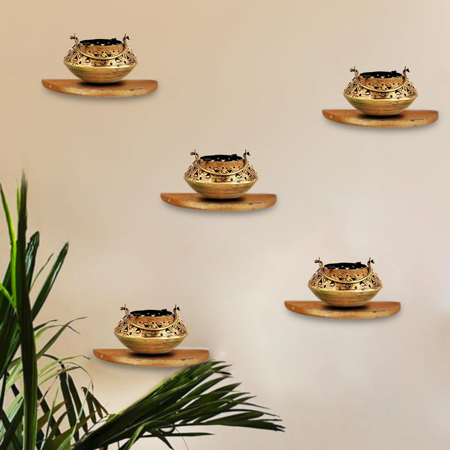 KAEVION 5pcs Metal Brass Incense Burner Tea Light Candle Holder | Small Size Degchi 5” | Wall Hanging Diya Holder for Pooja Room| Degchi Dhoop Dani | Brass Home Decorative Items for Living Room