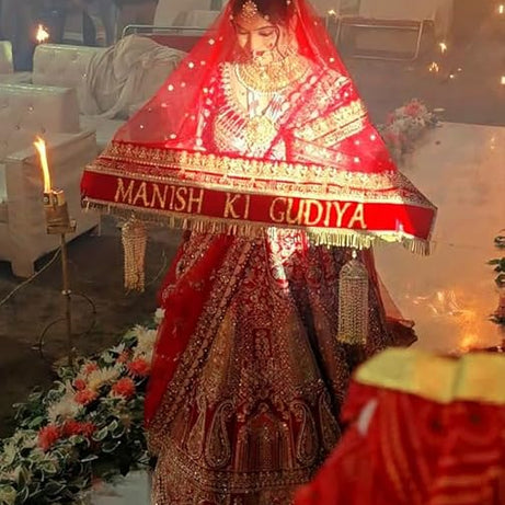KAEVION Net Bridal Entry Sada Saubhagyawati Bhav Dupatta with Customized Name |Dulhan Wedding Dupatta with Heavy Pipe Lace