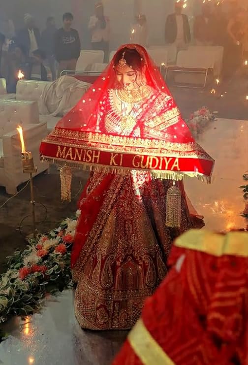 KAEVION Net Bridal Entry Sada Saubhagyawati Bhav Dupatta with Customized Name |Dulhan Wedding Dupatta with Heavy Pipe Lace