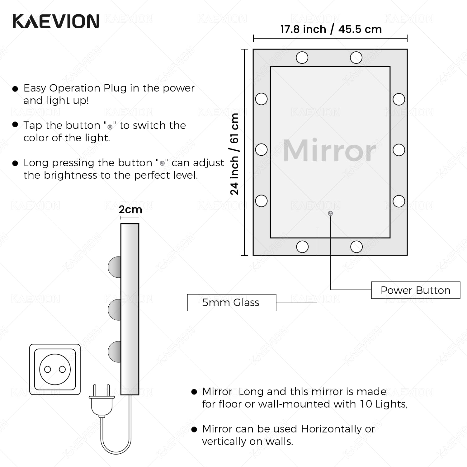 KAEVION 2 Feet Rectangular PVC Framed Wall Mount LED Mirror with 10 LED Bulbs | Makeup Vanity Mirror with LED Lights in 3 Shade (Warm/White/Cool) | Durable & Clear Reflection | Exquisite Wall Mirror
