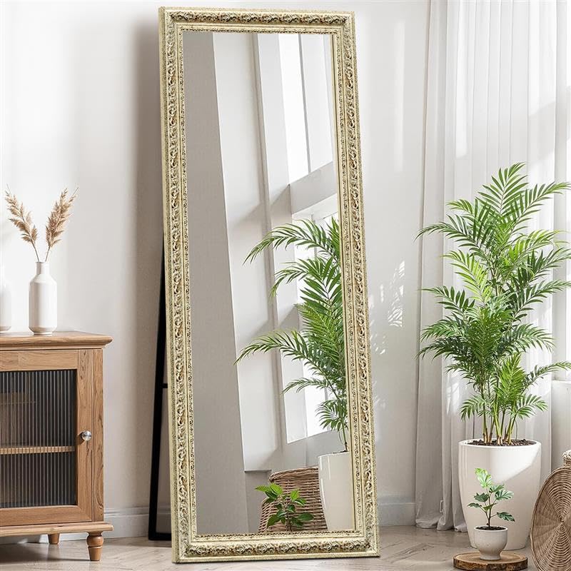 KAEVION 65"x22" (5.25 ft) Ornate Antique Full-Length Floor Dressing Mirror with Stand, Vintage Off-White Cheval Mirror for Bedroom, Living Room, Boutique