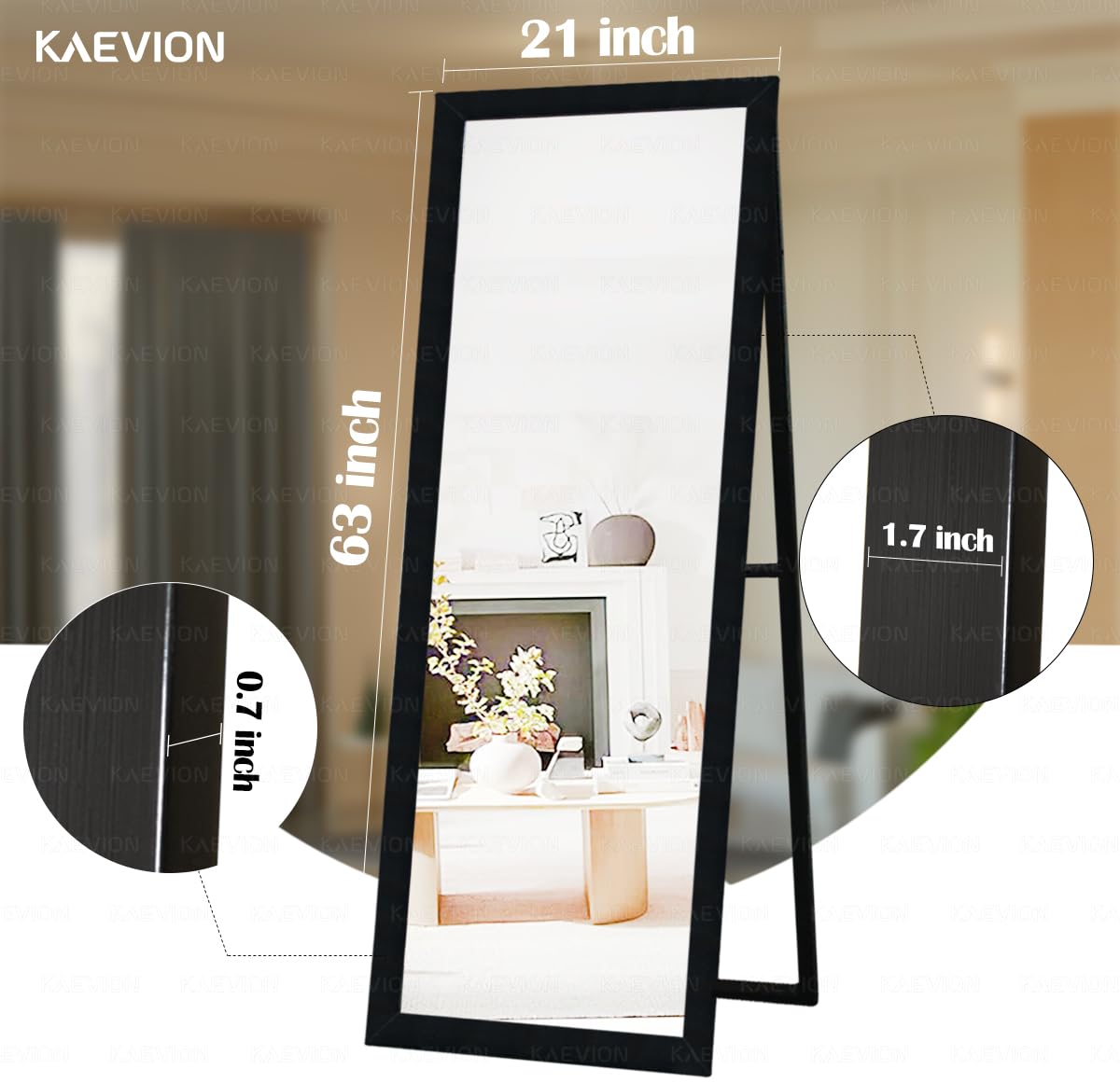 KAEVION Rectangle Black 5 Feet Full Length Standing Mirror| Full Mirror for Bedroom, Living Room| Big Wall Glass
