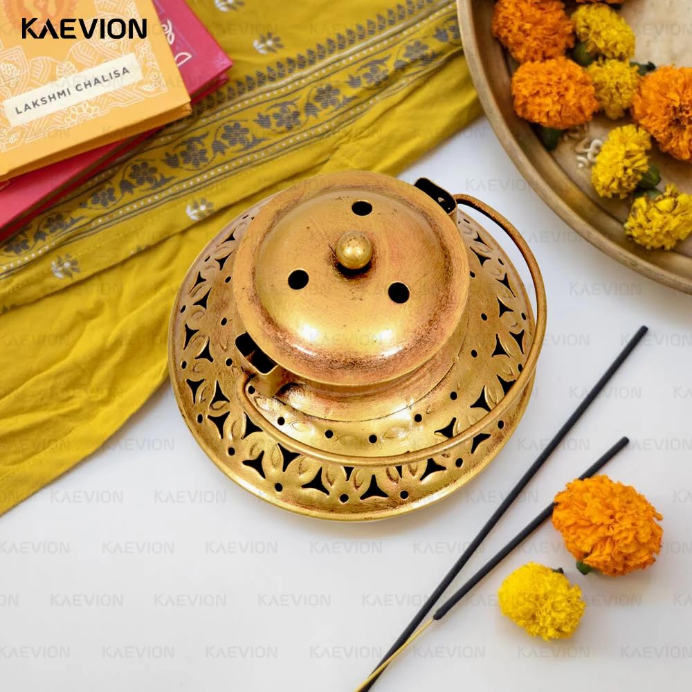 KAEVION Home Décor Small Size L5 X W5 X H4 Inch Brass Incense Holder Only | Wall Hanging Degchi Pot Dhup Dani | Home Decor Items for Living Room | Brass Tea Holder Pack of -1