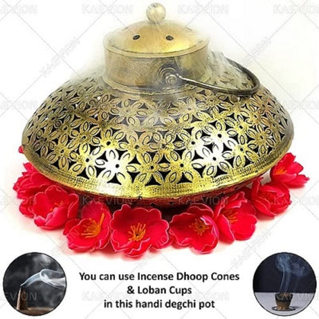 KAEVION Round Shaped Brass Metal Doop Dani Home Décor Incense Holder for Diwali Gift Purpose with 6 Tea-Light + 5 String Light + 5 Greeting Card + 5 Gift Wrapping Paper- Pack of 5 Degchi