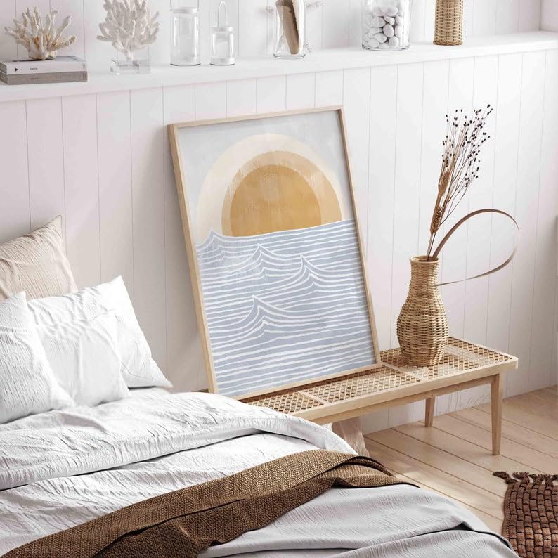 KAEVION Wall Hanging Art Decor Ocean Waves Boho Sun Beach Print Painting Glossy Finish, Waterproof Framed for Beach House Home Decor Poster Framed - 20x30 inch