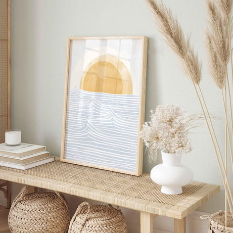 KAEVION Wall Hanging Art Decor Ocean Waves Boho Sun Beach Print Painting Glossy Finish, Waterproof Framed for Beach House Home Decor Poster Framed - 20x30 inch