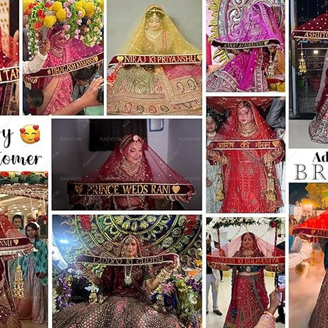 KAEVION Women Bridal Name Customize Entry Dupatta with Dulha-Dulhan Name – Red color 3 meter Length