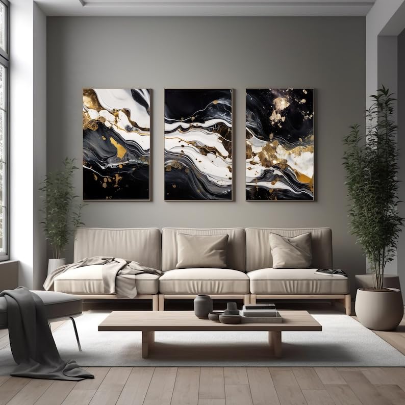 KAEVION Home Decor Wall Art 3 Pcs Abstract art print set Modern creative abstract artwork golden brush strokes, texture design for wall decor wallpaper poster card mural hanging, print