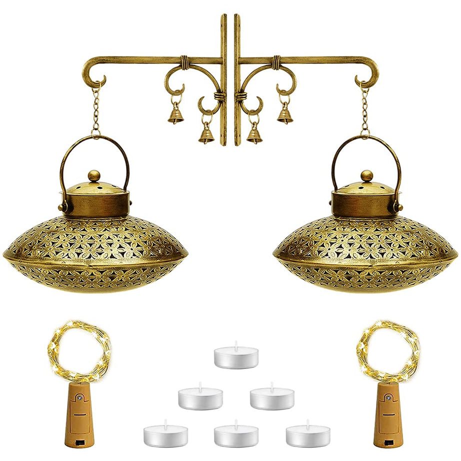 KAEVION Corporate Diwali Gift Set of Incense Stick Burner Tea Light Candle Holder Urli Bowl with Brass Bell Art Hanger - Pack of 2 with Six Tea Light Candle and Two String Light.