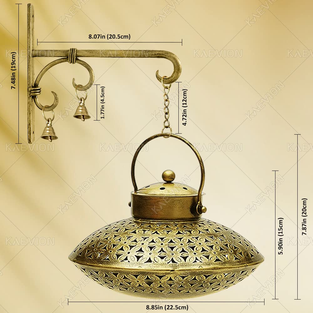 KAEVION Handicraft Wall Iron Antique Brass Hanging Traditional Dhoop Burner Holder | Ideal for Diwali Decoration, Pooja Temple, Yoga Room Gifting - Gold