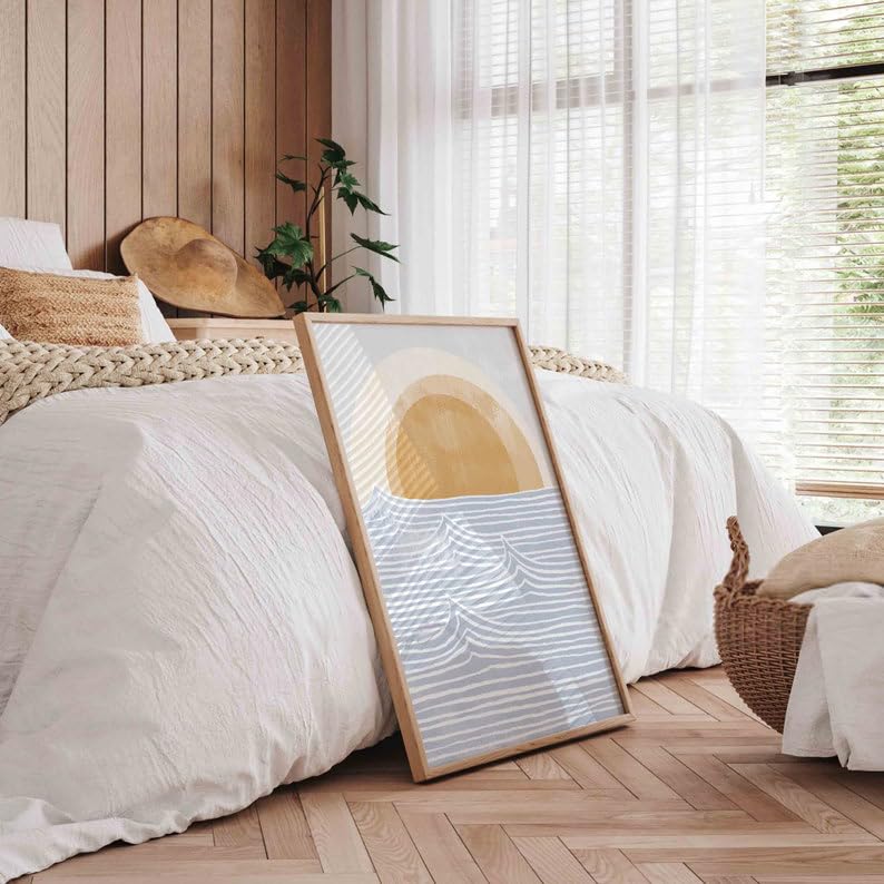 KAEVION Wall Hanging Art Decor Ocean Waves Boho Sun Beach Print Painting Glossy Finish, Waterproof Framed for Beach House Home Decor Poster Framed - 20x30 inch