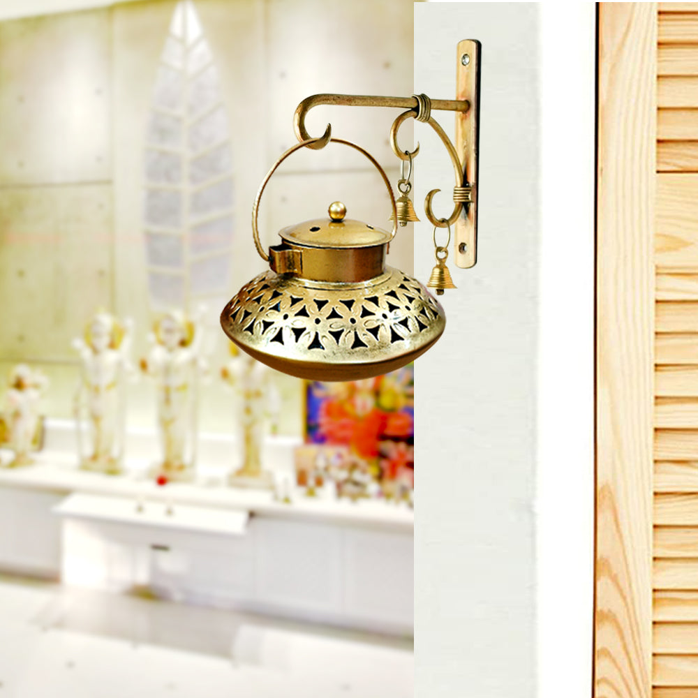 KAEVION Wall Hanging Metal Degchi Style Incense Burner With Hanger Decorative item for Home | Brass Dhoop Holder Pooja Items | Dhoop Dani Stand Tea Holder ,Brass Gold