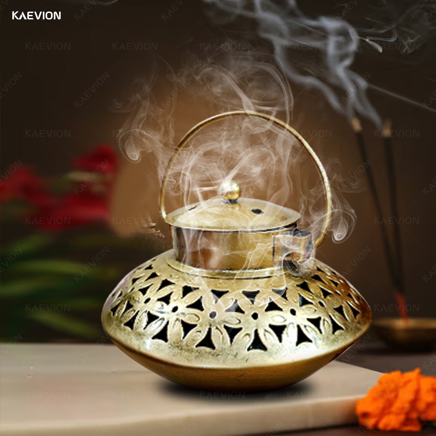 KAEVION Wall Hanging Metal Degchi Style Incense Burner With Hanger Decorative item for Home | Brass Dhoop Holder Pooja Items | Dhoop Dani Stand Tea Holder ,Brass Gold