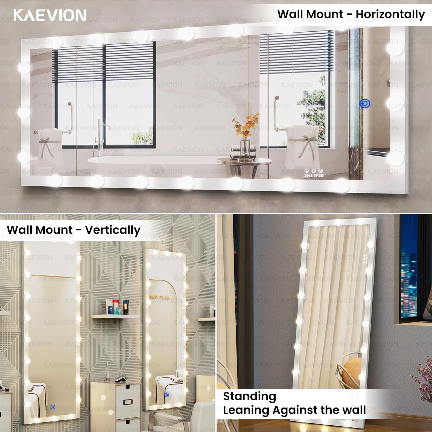 KAEVION Rectangular Full Length Mirror 4.4 Feet with Lights, Full Body Vanity Mirror, LED Lighted Full-Length Mirror, Large Floor Mirror with Lights, Wall-Mounted and Standing for Bedroom