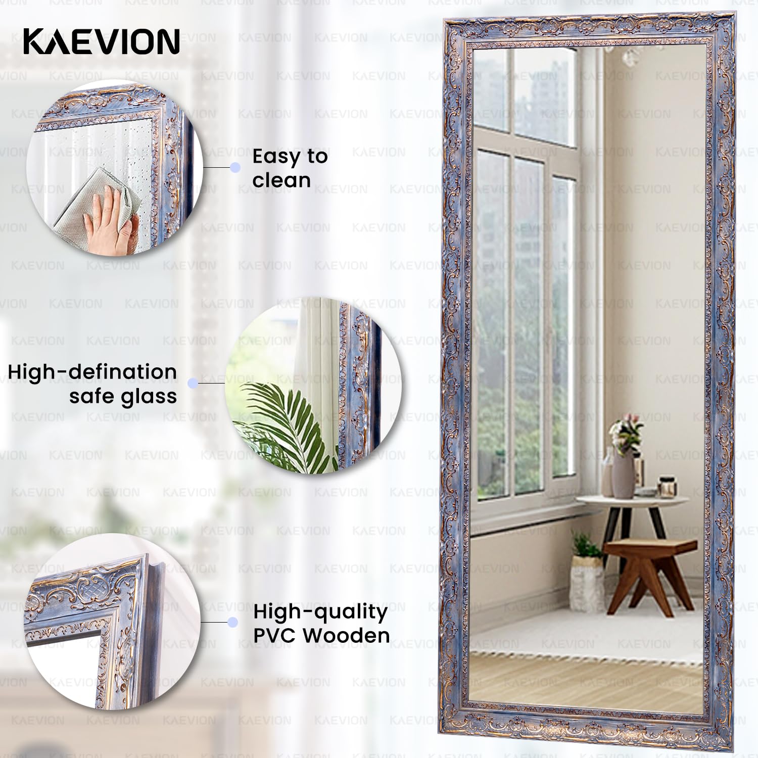KAEVION Rectangular Shape 5.25 Feet Full-Length PVC Wooden Frame Wall Hanging Mirror with 5 MM Glass| Floor Wall Leaning Mirror| Home Dcor Mounted Mirror for Bedroom Living-Room - Antique Blue