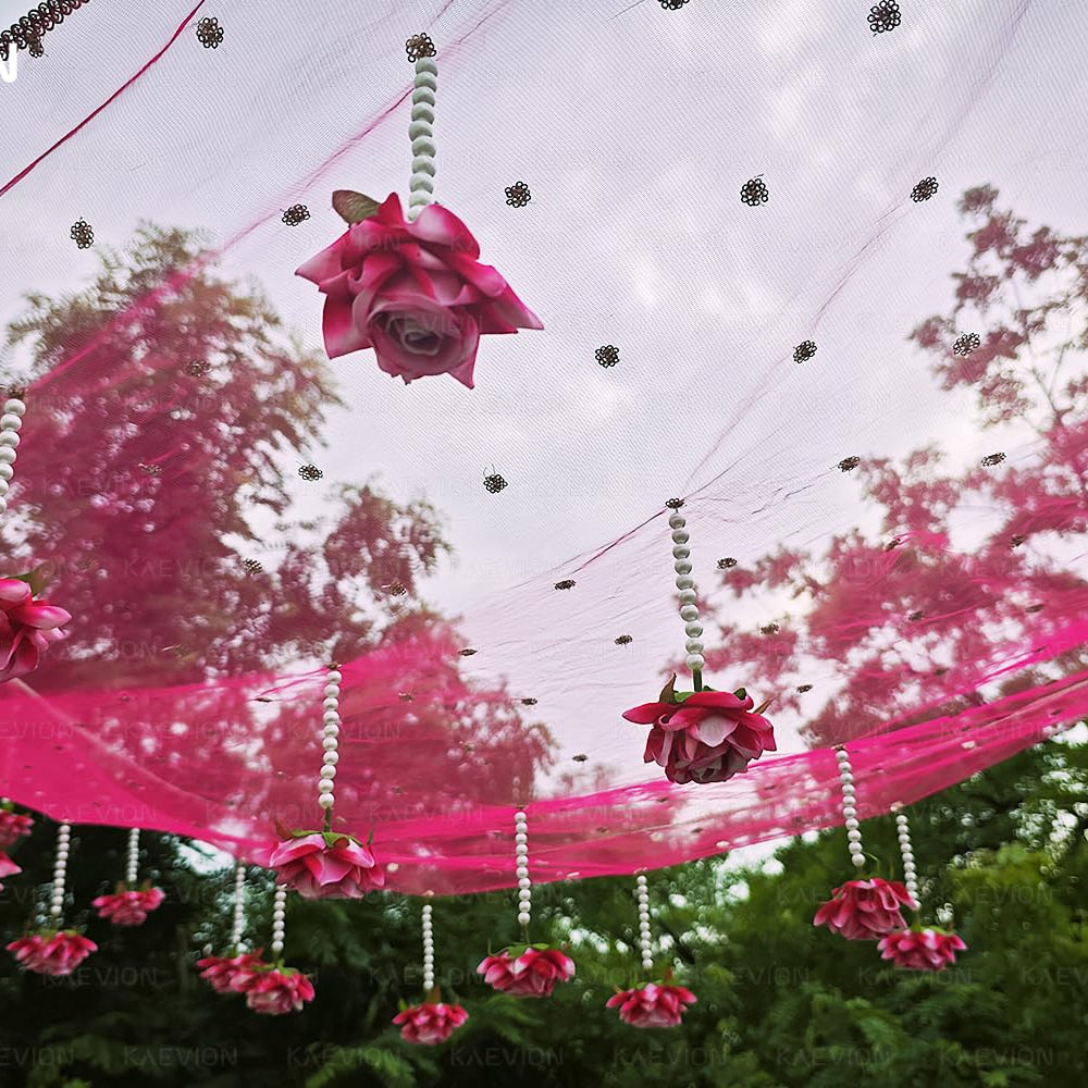 Kaevion Floral Net Bridal Chadar | Artificial Flower Odhani for Brides Mehendi, Haldi, Roka and Sangeet Function