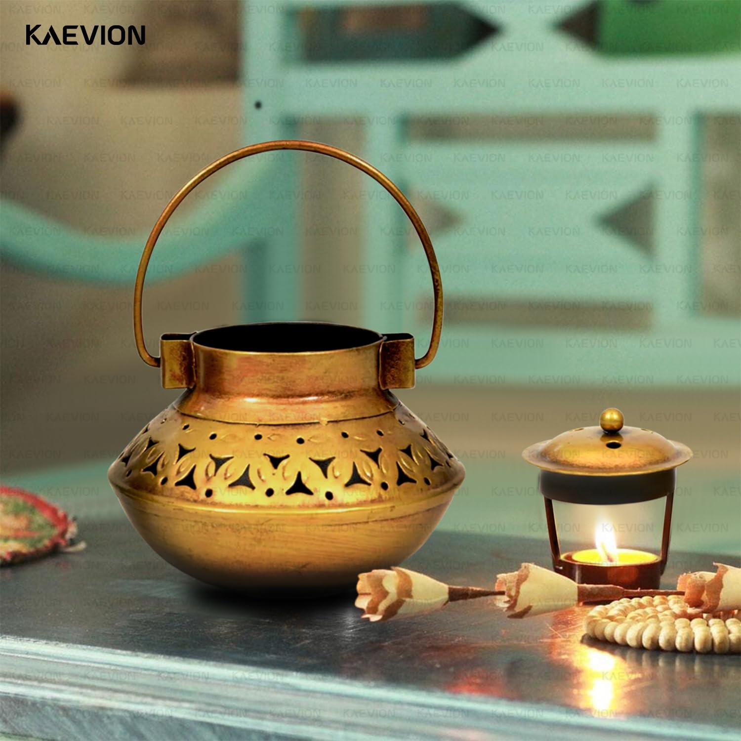 KAEVION Home Décor Small Size L5 X W5 X H4 Inch Brass Incense Holder Only | Wall Hanging Degchi Pot Dhup Dani | Home Decor Items for Living Room | Brass Tea Holder Pack of -1