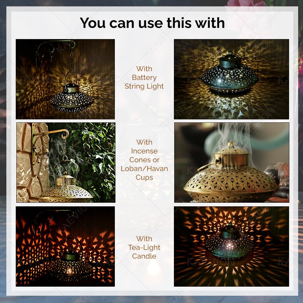 KAEVION Iron Antique Brass - Decor Incense Holder Dhoop Degchi Pot with Brass Bells Wall Hanging with - Oval Shape| Big Size lobhan Dhani Wall Mounted Burnner - Set of 1