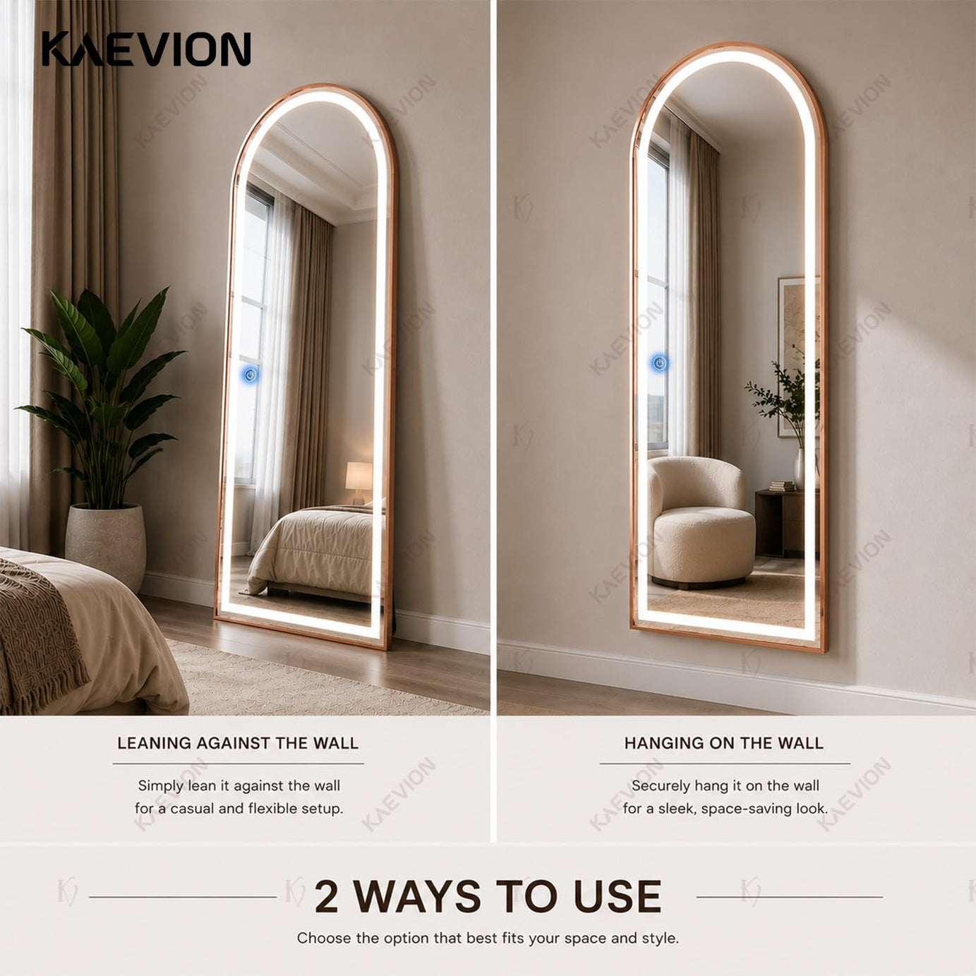 5 Feet 3 in 1 LED Lighted Arch Mirror, Rose Gold | Full Length, Wall-Hanging, Premium 5mm Thick Frame, Backlit Tall Arched Vanity Mirror