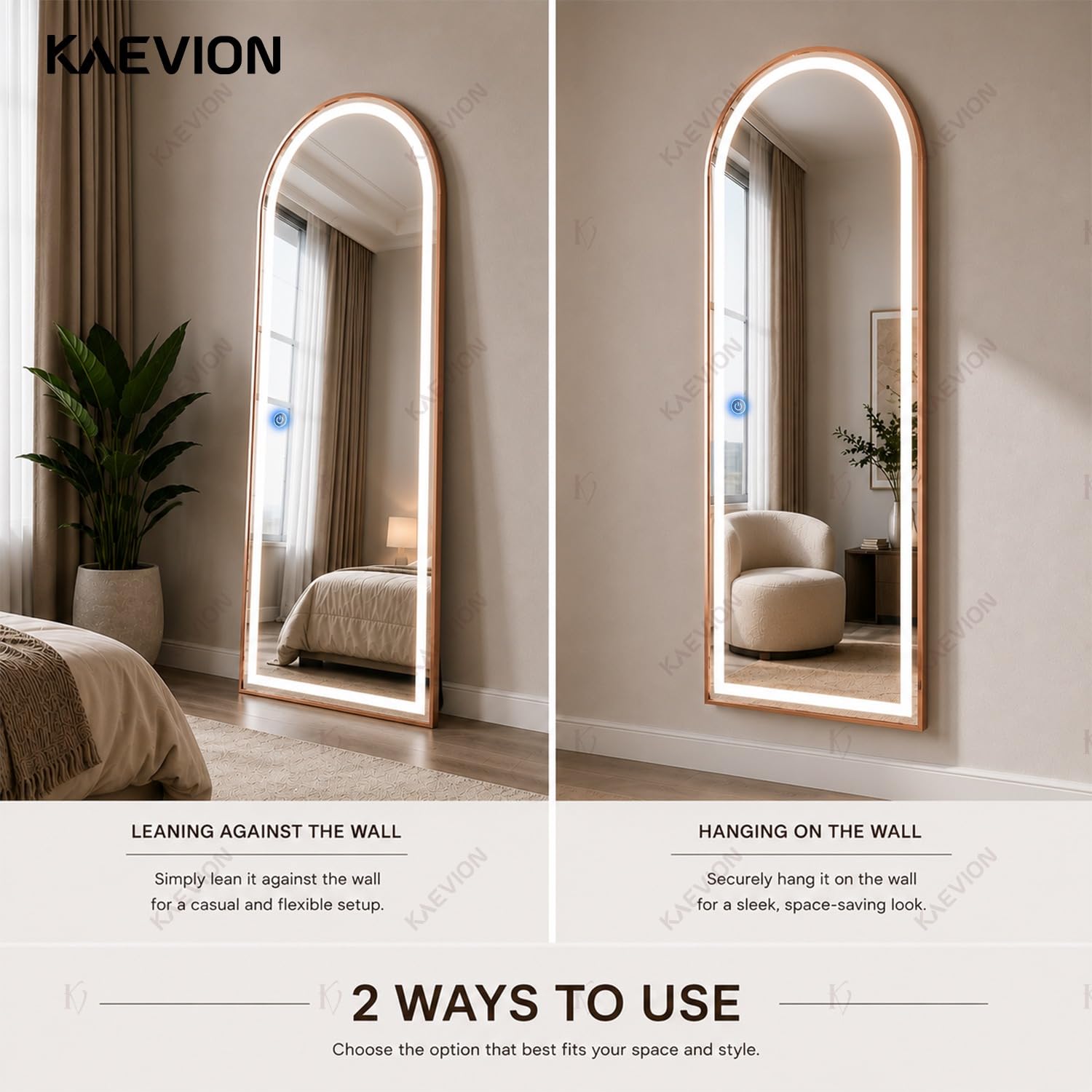 5 Feet 3 in 1 LED Lighted Arch Mirror, Rose Gold | Full Length, Wall-Hanging, Premium 5mm Thick Frame, Backlit Tall Arched Vanity Mirror