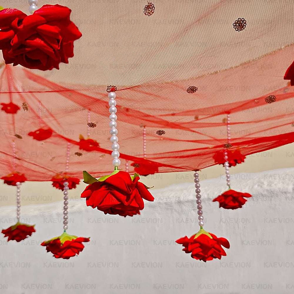 KAEVION Dulhan ki Entry Chaddar | Bridal Entry Odhani Ceremony | Bridal Entry Canopy with Red Rose Flowers & Pearl Latkan | Traditional Phoolon Ki Chadar