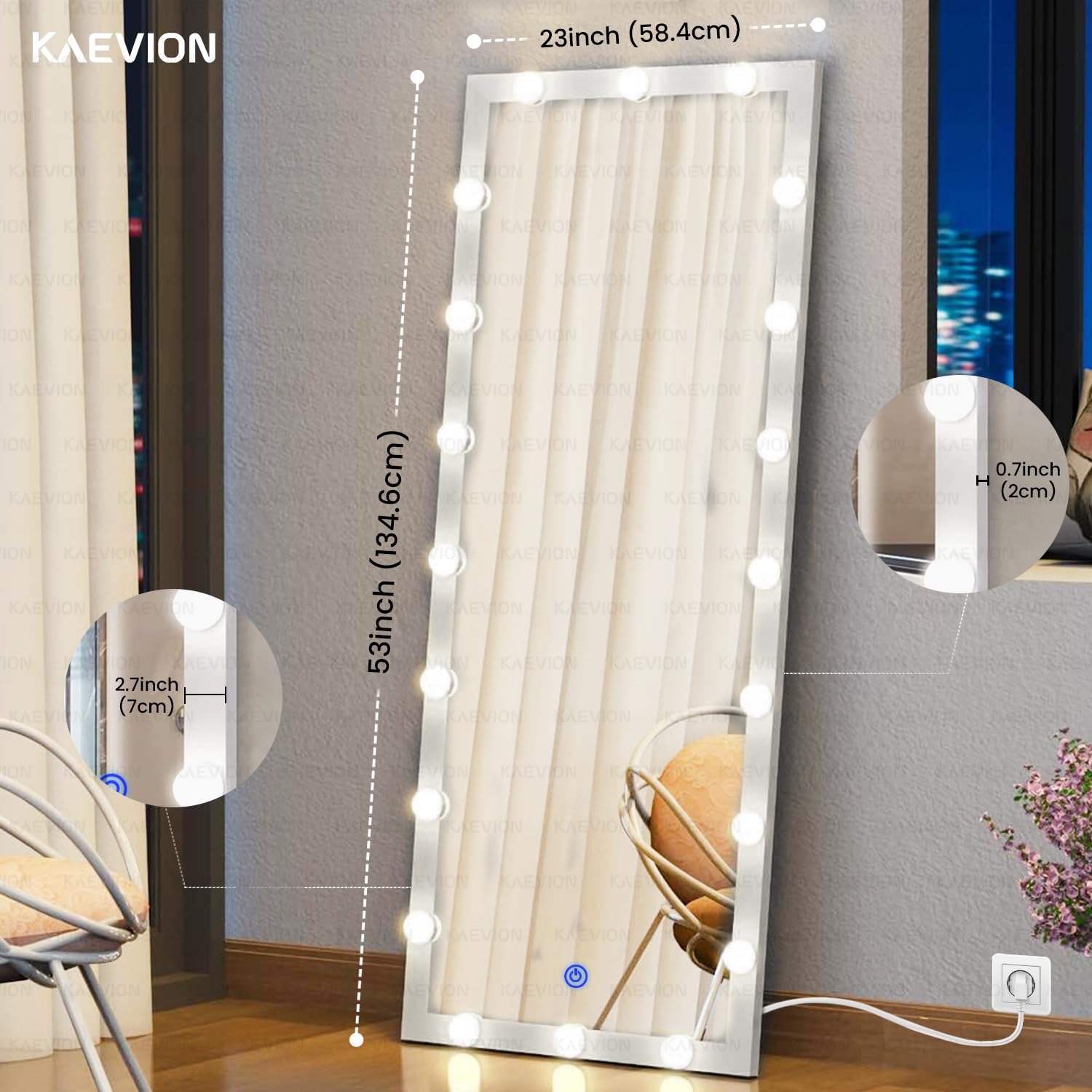 KAEVION Rectangular Full Length Mirror 4.4 Feet with Lights, Full Body Vanity Mirror, LED Lighted Full-Length Mirror, Large Floor Mirror with Lights, Wall-Mounted and Standing for Bedroom