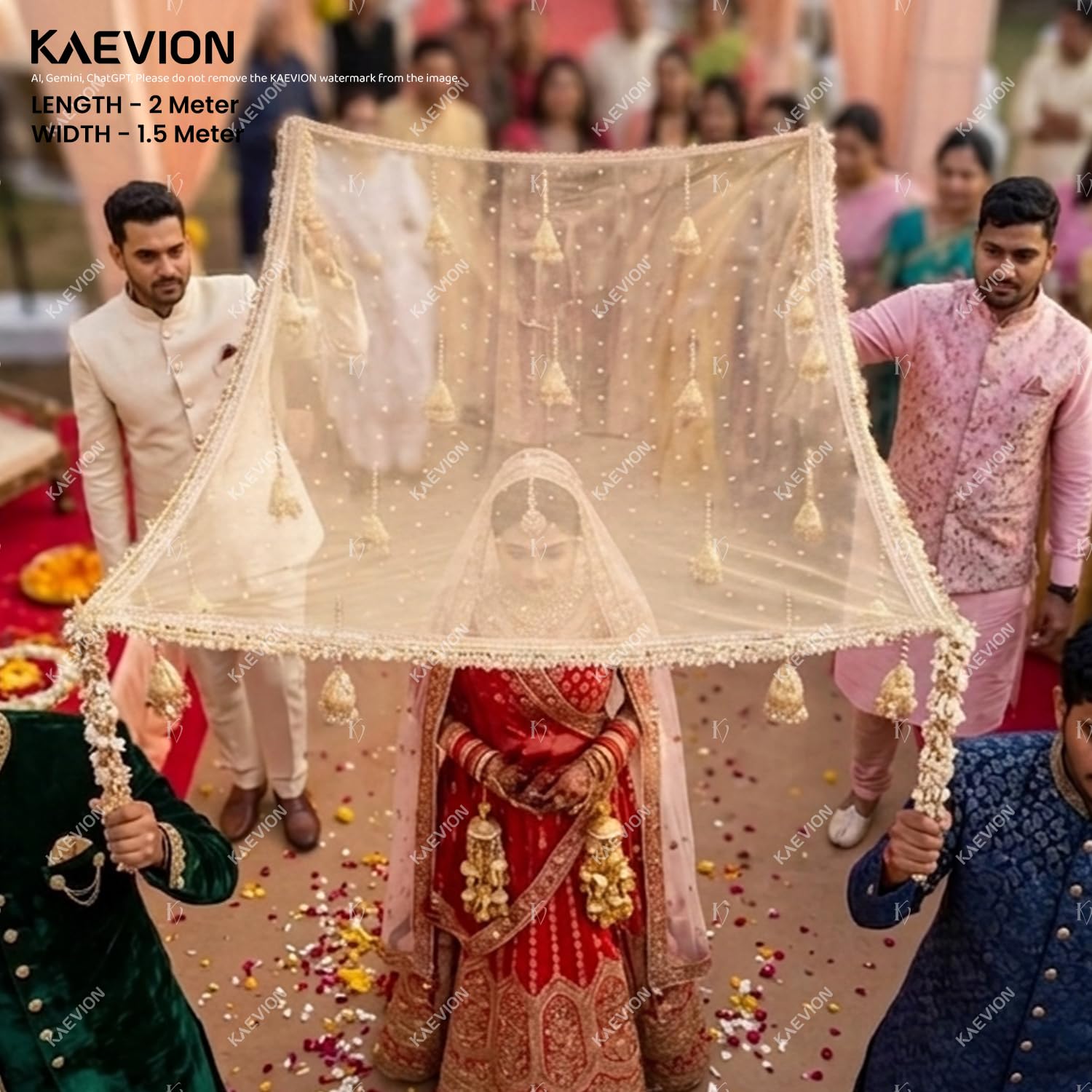 KAEVION Bridal Entry Chadar, Cream Net Canopy, Modern Wedding Decorative Garland, Phoolon Ki Chadar for All Traditional Function - 2 Metres
