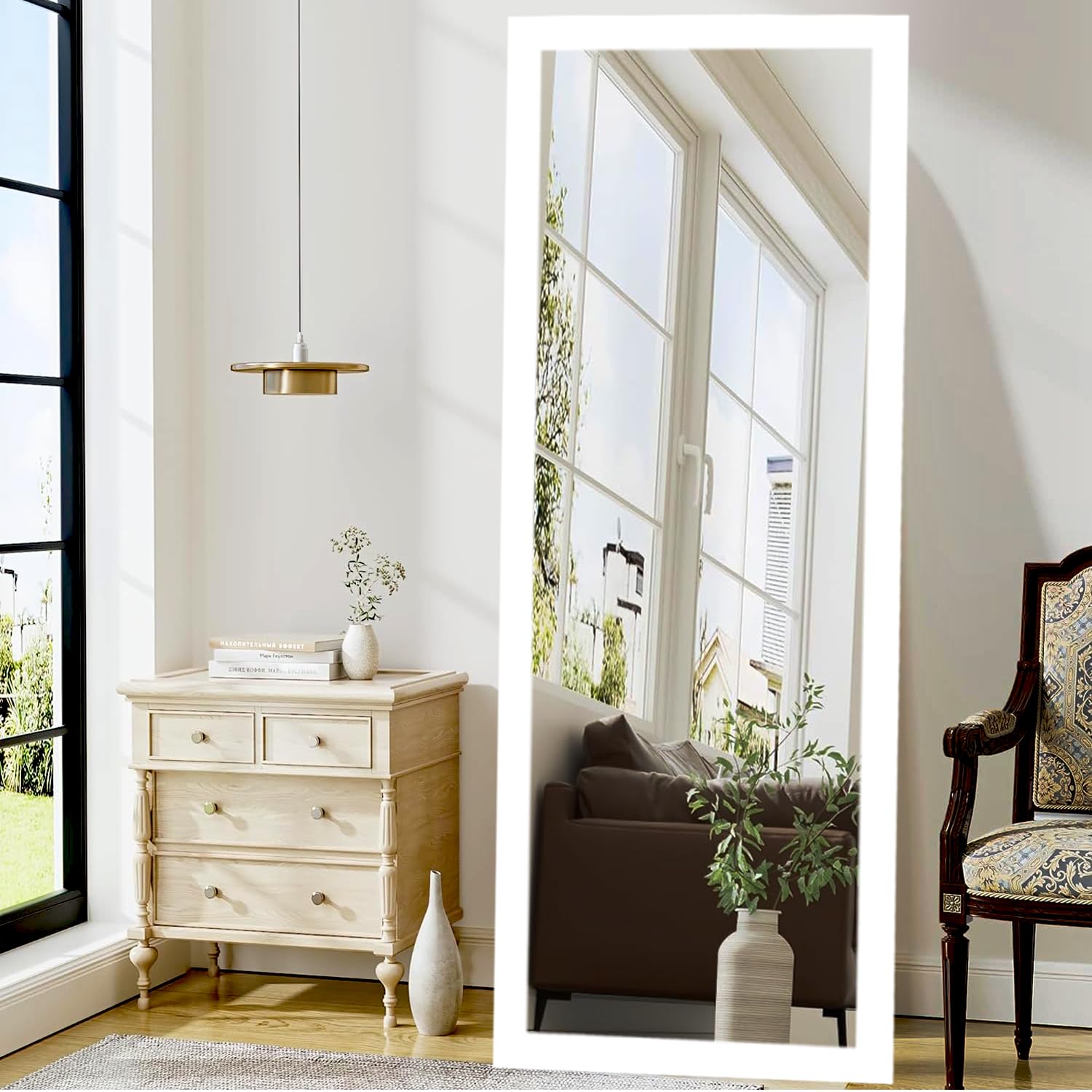 White 5.25ft Wall Mount Rectangular Full Length Framed Water Proof PVC Wooden Frame Wall Hanging Full Body Vertical Wall Mirror for Home Decor, Living Room, Bedroom