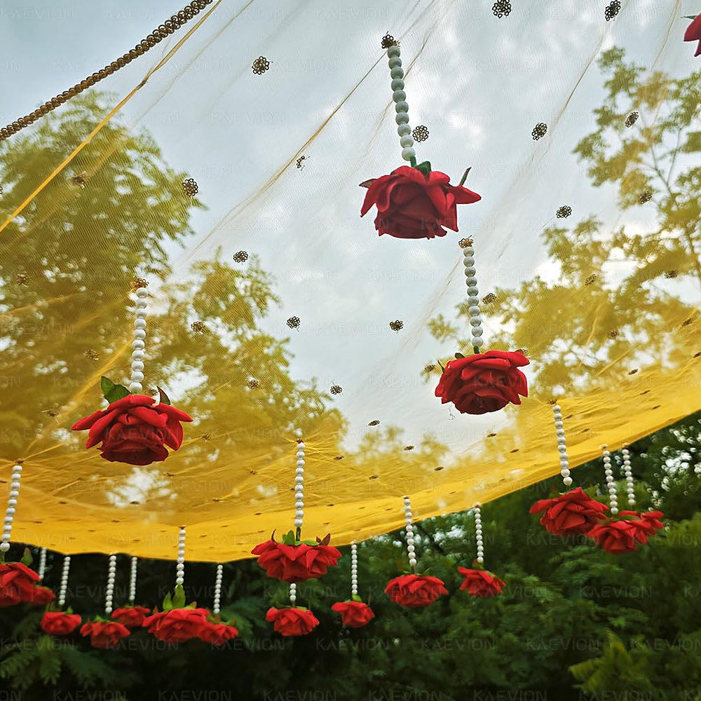 KAEVION Dulhan ki Entry Chaddar | Bridal Entry Odhani Ceremony | Bridal Entry Canopy with Red Rose Flowers & Pearl Latkan | Traditional Phoolon Ki Chadar