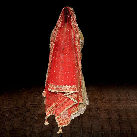 KAEVION 2.5 Meter Net Sada Saubhagyawati Bhav Bridal Wedding Dupatta With Sequins lace | Bridal Women's Net Dupatta | Traditional Dulhan Entry Chunni | Designer Contrast Dupatta for Lehenga Saree