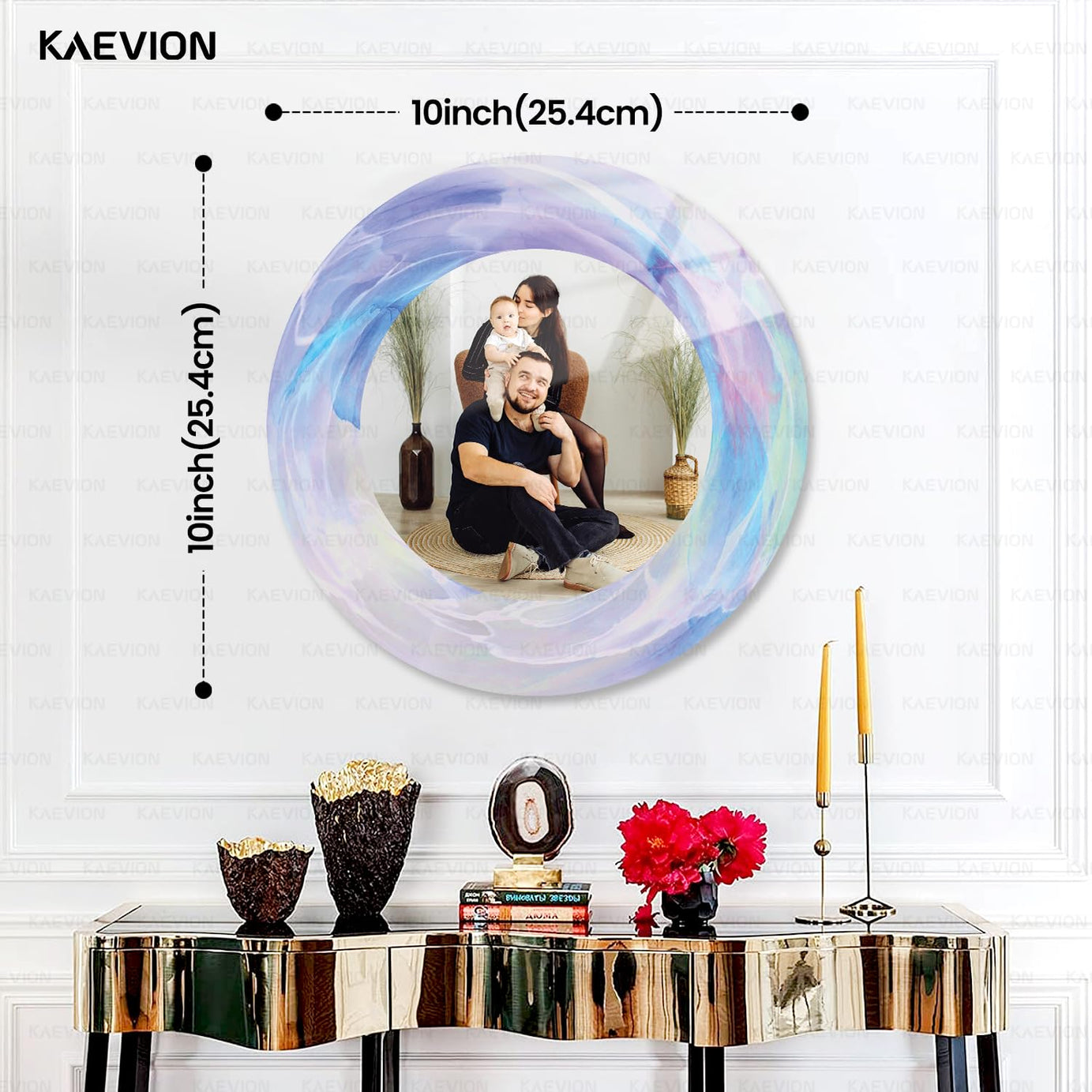 KAEVION  Customized / Personalized Acrylic Round Shaped Photo Frame | Wall Hanging Table Top Scratches Proof Picture Frame with Personalised Photo | Memorable Gift for Mother Father girls and Family | Home Décor Item 10x10 Inch (Thickness 3 MM)