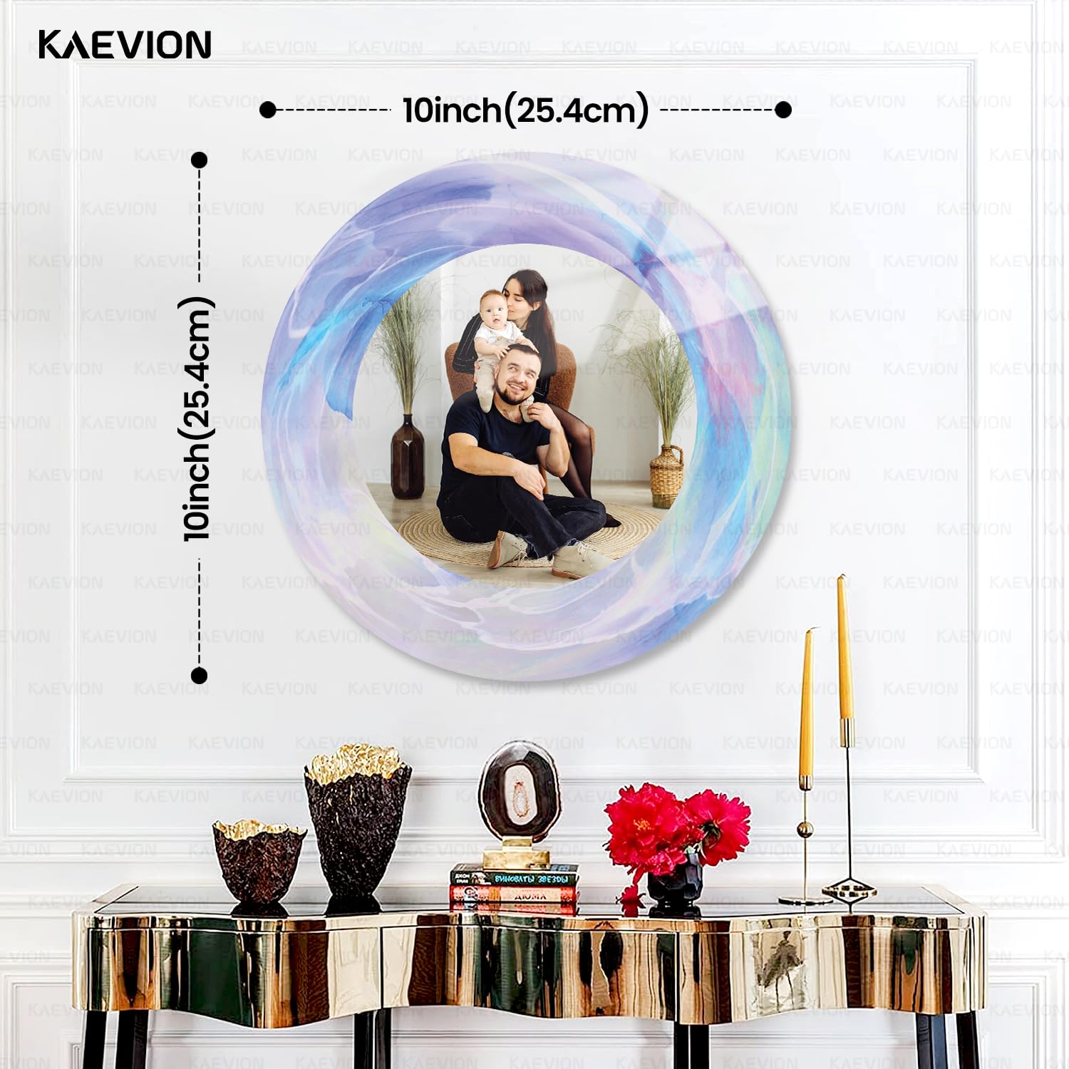 KAEVION  Customized / Personalized Acrylic Round Shaped Photo Frame | Wall Hanging Table Top Scratches Proof Picture Frame with Personalised Photo | Memorable Gift for Mother Father girls and Family | Home Décor Item 10x10 Inch (Thickness 3 MM)