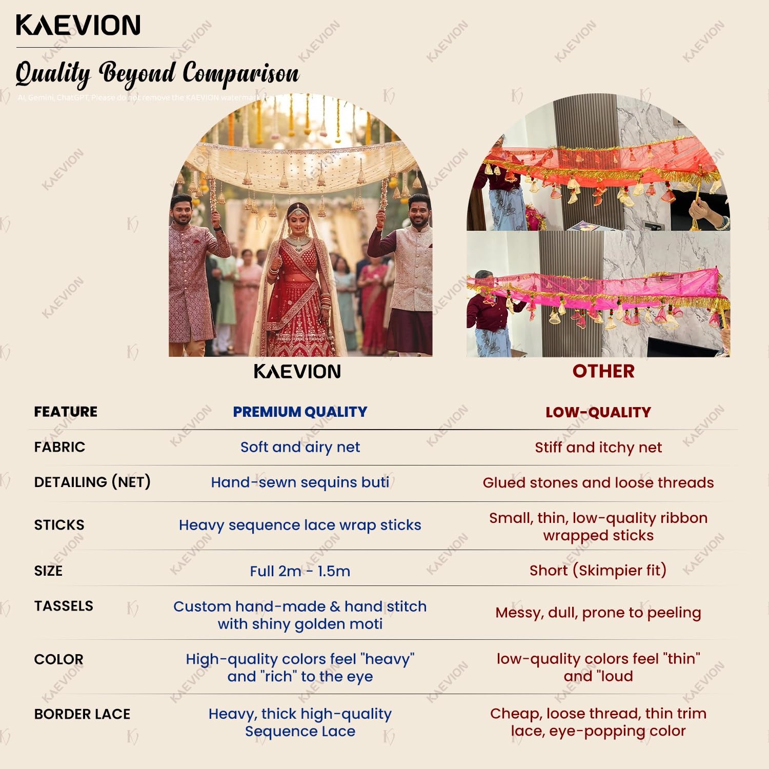 KAEVION Bridal Entry Chadar, Cream Net Canopy, Modern Wedding Decorative Garland, Phoolon Ki Chadar for All Traditional Function - 2 Metres